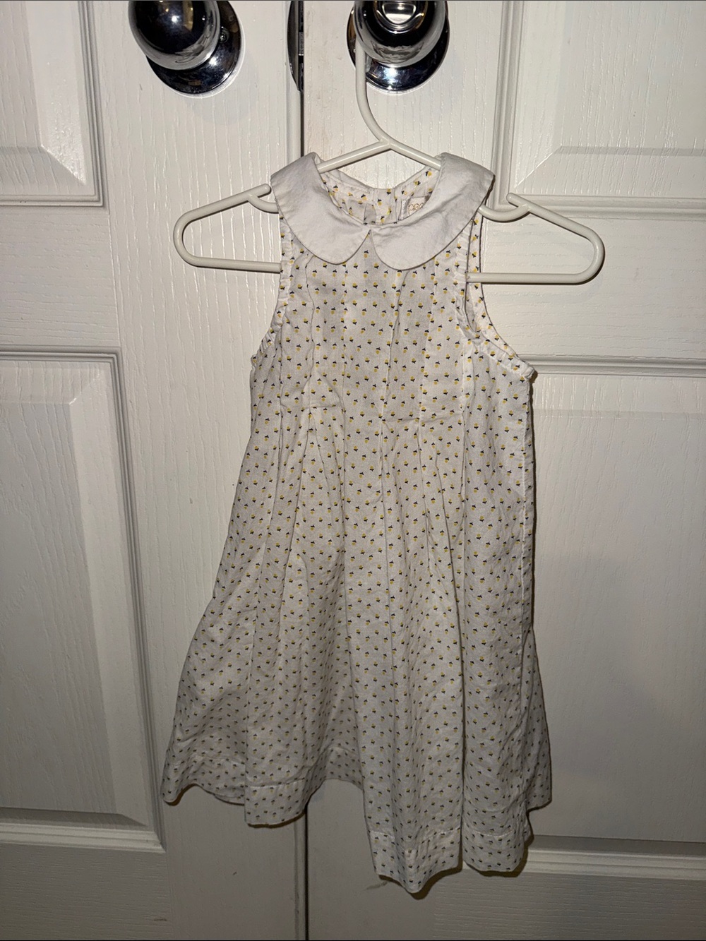 Girls' White Dress with Yellow Dot Print and Peter Pan Collar